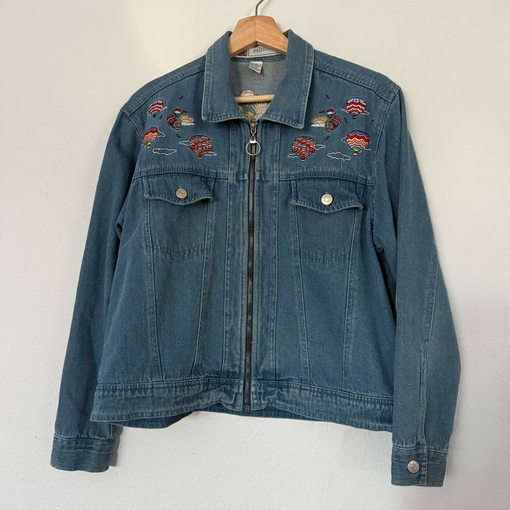 Vintage Passion‎ I Embroidered Denim Jean Jacket Hot Air Balloons Zip Up Size S - Picture 6 of 14